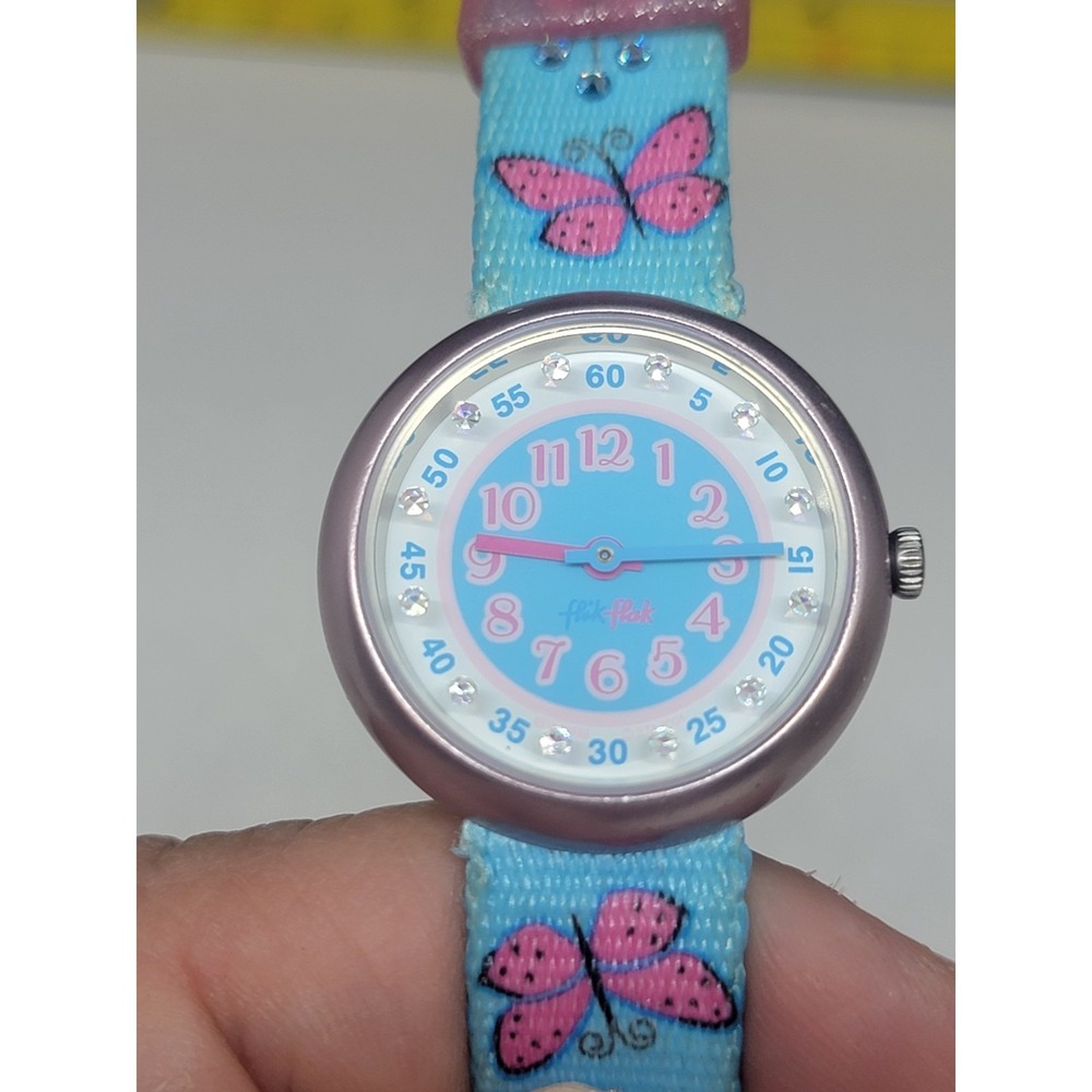 Flik Flak Girls Watch Blue Butterfly Strap Pink Case Jewels Swiss Made
